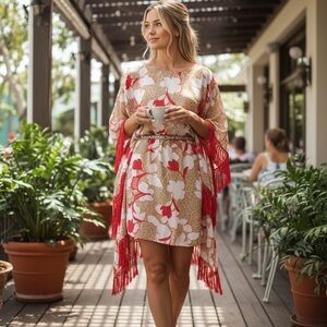 TAJ by Sabrina Crippa Red and Cream Floral Kimono Size M